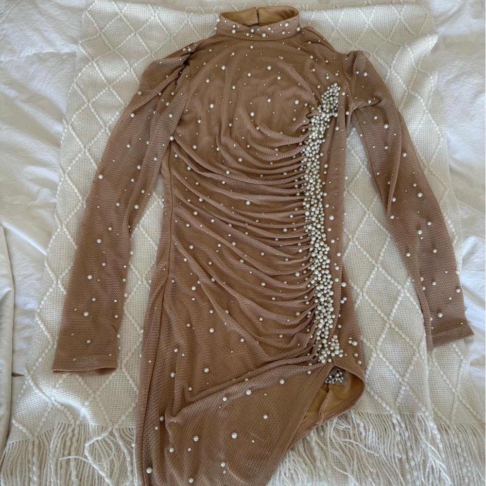 Long Sleeve Mini Dress Nude With Pearls & Sequins